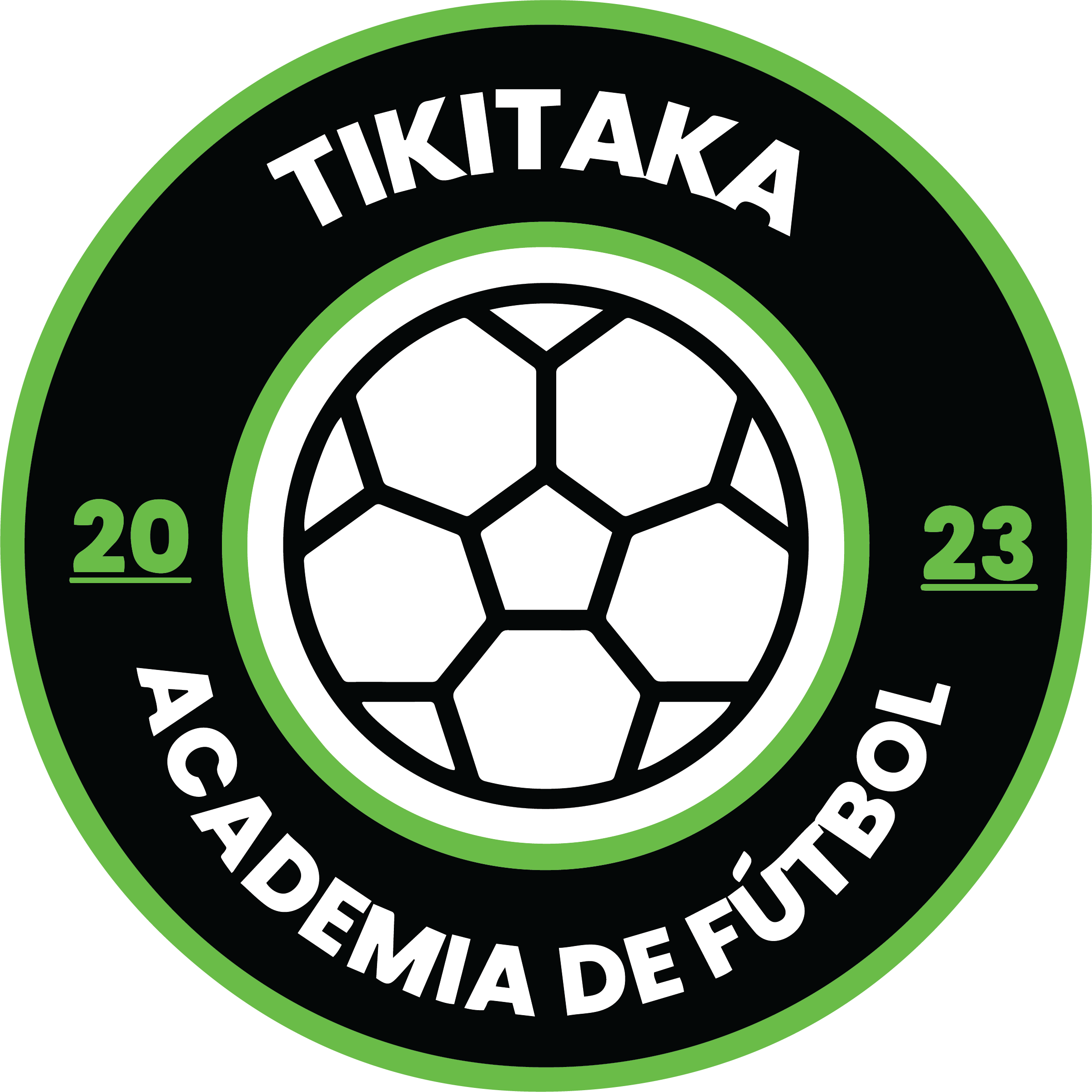 TIKI1 - TikiTaka Academy "CREST" FULL Color logo featuring a central black and white soccer ball enclosed in green and black circular borders. The name "TIKITAKA" is displayed at the top, "ACADEMIA DE FÚTBOL" at the bottom, and the year "2023" is split on the left and right sides.
