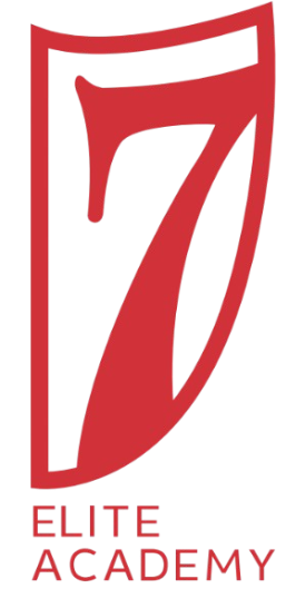Logo for Elite Academy featuring a stylized red number 7 inside a red shield border above the words "ELITE ACADEMY" in red text.