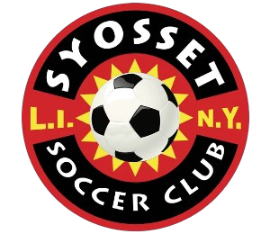 Circular logo for Syosset Soccer Club, L.I., N.Y., featuring a soccer ball over a yellow sunburst against a red and black background.