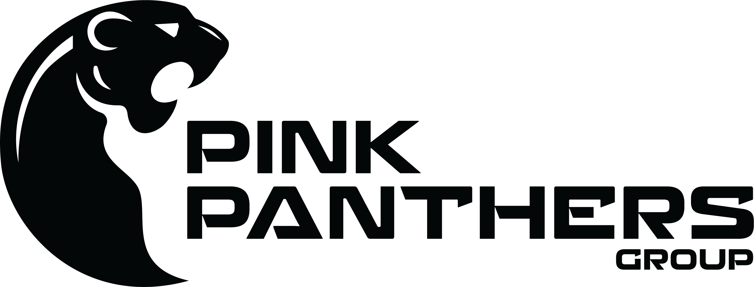 A monochromatic logo for GLSA5 - GLSA "PINK PANTHER" FULL Black featuring a stylized, roaring black panther head profile to the left of bold, blocky text that reads "PINK PANTHERS GROUP."