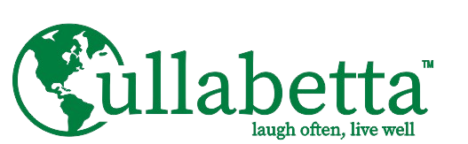 Green logo for "Gullabetta" on a black background. A globe icon serves as the letter "G." Below the brand name, the tagline reads "laugh often, live well."