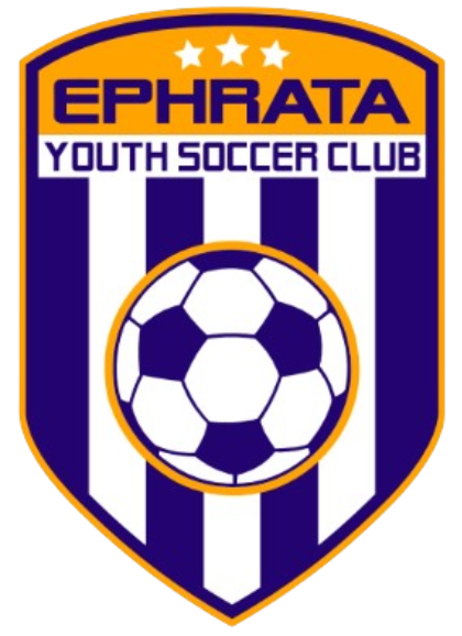 A shield-shaped logo for EPHR5 - Ephrata "CREST" FULL Color. The crest features a gold top section with three white stars above the word "EPHRATA" in bold purple letters. Below this, a white horizontal banner reads "YOUTH SOCCER CLUB" in purple. The bottom portion of the shield has vertical purple and white stripes with a large soccer ball centered in the middle. The entire crest is outlined in gold and purple.