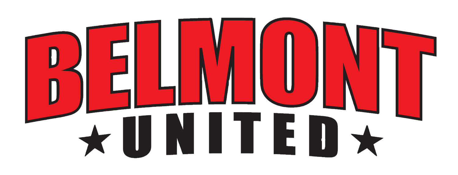Logo for Belmont United featuring the word "BELMONT" in arched red letters with black outlines above the word "UNITED" in black, flanked by two stars.