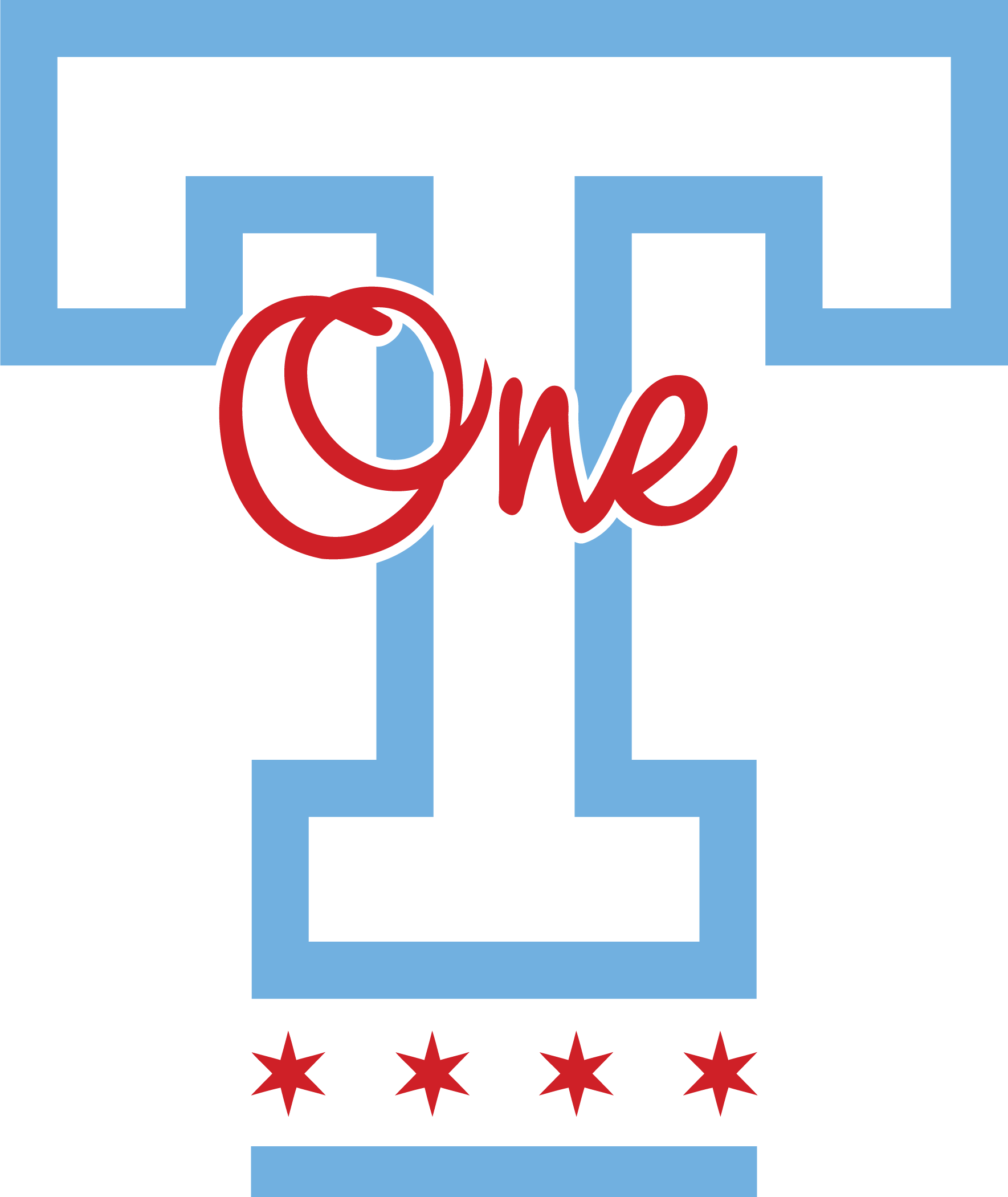 A graphic design featuring a large, light blue outlined letter "T" with the word "One" written in red script text across its top. Below the "T" are four red six-pointed stars and a horizontal blue bar at the bottom.