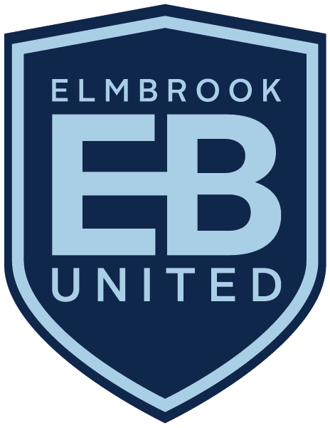 EBU Hat Logo: A navy blue shield with light blue text and a large "EB" monogram in the center, with the words "ELMBROOK" above and "UNITED" below.