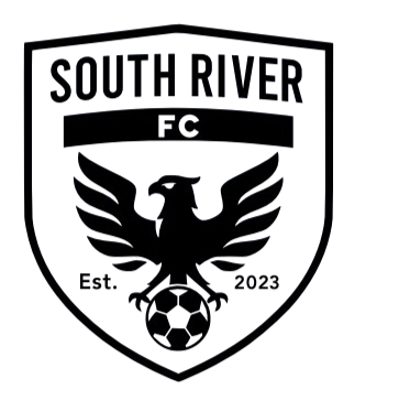 South River FC shield logo featuring an eagle with spread wings clutching a soccer ball, including the text "Est. 2023".