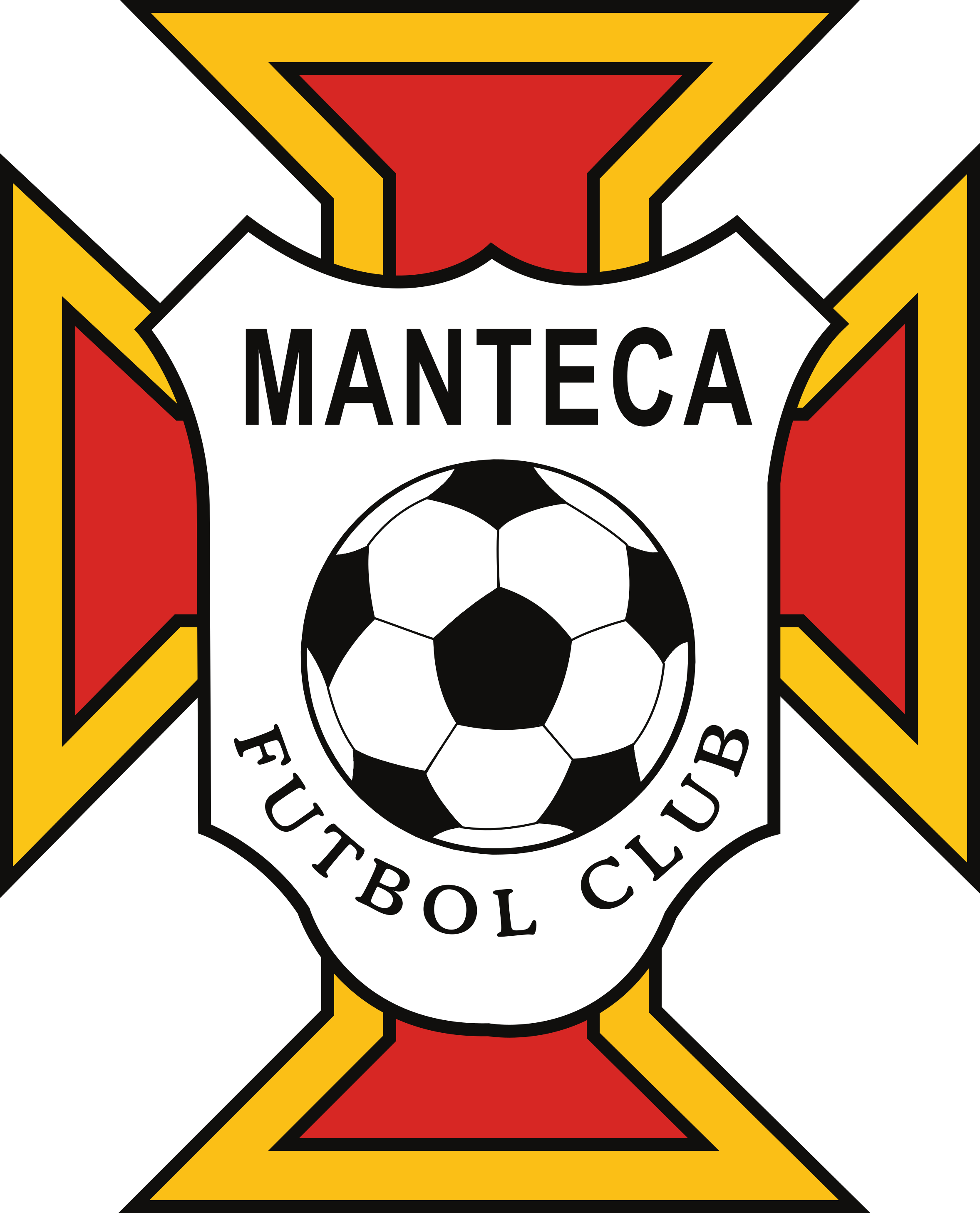 MFC Practice Logo: A white shield featuring a black and white soccer ball with "MANTECA" written above it and "FUTBOL CLUB" curved below, all set against a red cross with a yellow border.