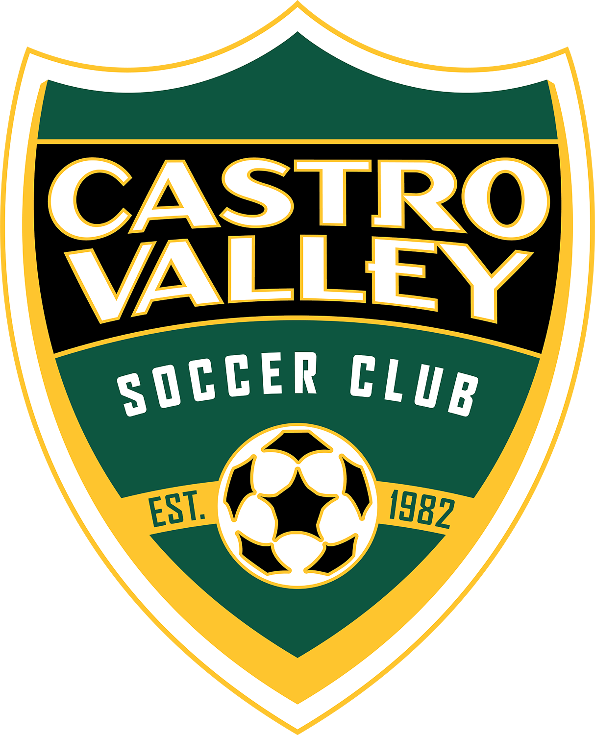 Castro Valley SC Crest: A shield-shaped logo with a green and gold color scheme. It features "CASTRO VALLEY" in large white letters with gold outlines on a black band, with "SOCCER CLUB" and a soccer ball graphic above "EST. 1982" at the bottom.
