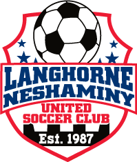 LANGH2 - Langhorne "Crest" FULL Color logo for Langhorne Neshaminy United Soccer Club. The shield-shaped crest features a soccer ball at the top flanked by blue stars, bold blue text reading "LANGHORNE NESHAMINY," and red text "UNITED SOCCER CLUB" below it. At the base is a black castle-style silhouette with the text "Est. 1987" in white.