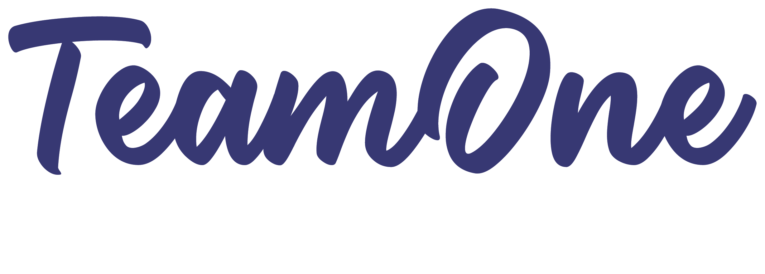 A stylized script logo for Team One in a solid navy blue color.