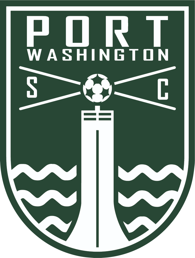 A forest green shield-shaped crest for the Port Washington SC. A central white lighthouse, topped with a soccer ball emitting four light rays, rises from stylized wavy water lines. The top features "PORT WASHINGTON" in white block lettering, with the letters "S" and "C" flanking the lighthouse.