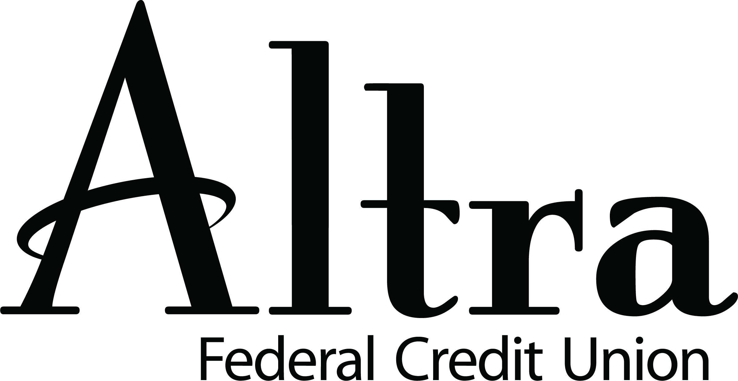 A black logo for Altra Federal Credit Union, featuring the word "Altra" in a large, stylized serif font with a curved swoosh across the letter "A," and the words "Federal Credit Union" in a smaller font below.