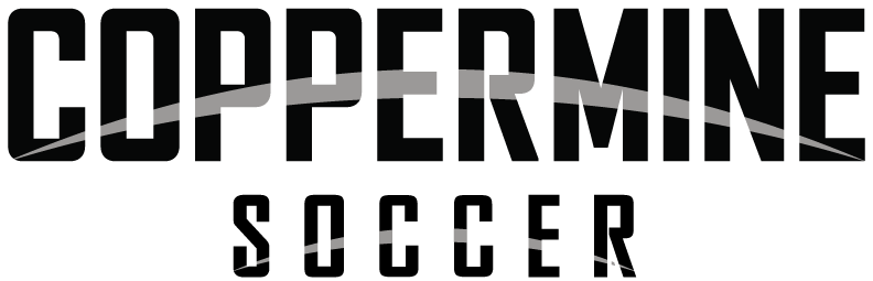 A black and white logo for Coppermine Soccer featuring the text "COPPERMINE" in large, bold, blocky letters with a white outline, situated above the word "SOCCER" in a smaller, similar font. A curved grey swoosh graphic passes through the center of both words.