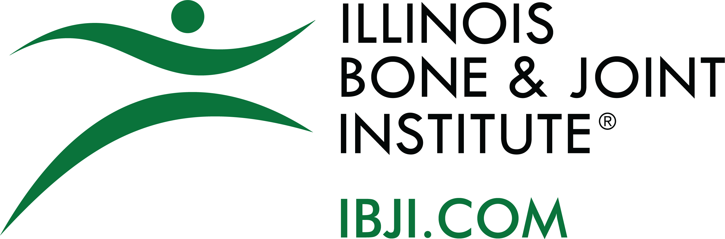Logo for Illinois Bone & Joint Institute, featuring a green stylized human figure icon and the URL IBJI.COM.