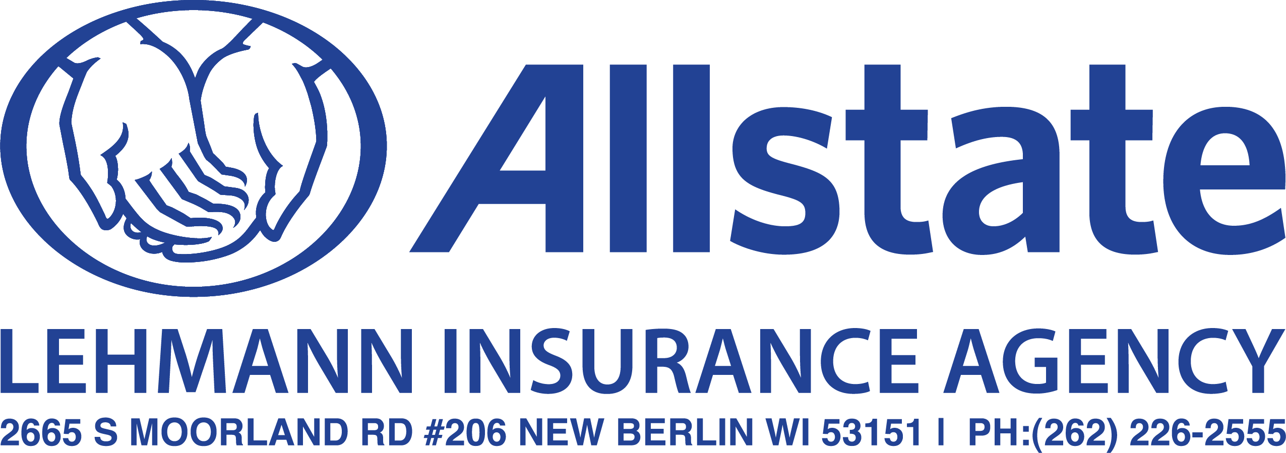 Logo for Lehmann Insurance Agency, an Allstate provider, featuring the "Good Hands" logo, the Allstate name, and the agency's address and phone number in New Berlin, Wisconsin, all in royal blue text on a white background.