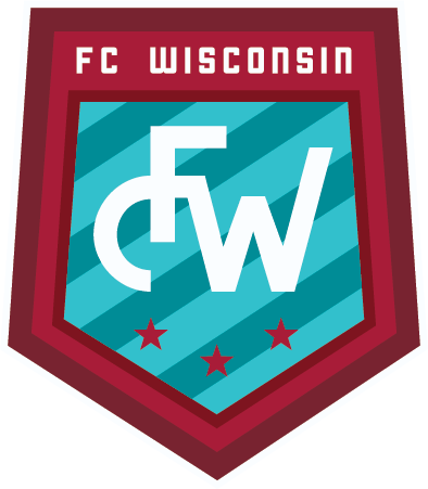 FCWG Headband Logo featuring a maroon shield with diagonal teal and light blue stripes. The text "FC WISCONSIN" is written in white at the top, and a large, stylized white "FW" monogram is centered above three small red stars.