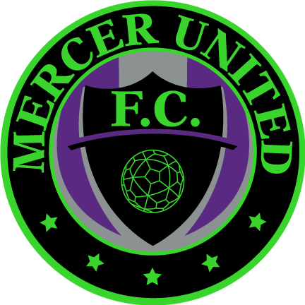 A circular logo for Mercer United "Crest" FF - MERC3 featuring bright green text, a central black shield with "F.C." and a soccer ball icon over purple and silver stripes, and five small green stars at the base.
