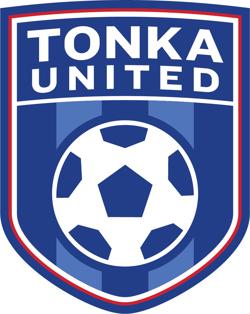 A shield-shaped logo for TKU5 - Tonka United "CREST" POCKET Color, featuring the words "TONKA UNITED" in white text above a graphic of a soccer ball. The crest has a dark blue background with vertical stripes, and is outlined in red, white, and blue.