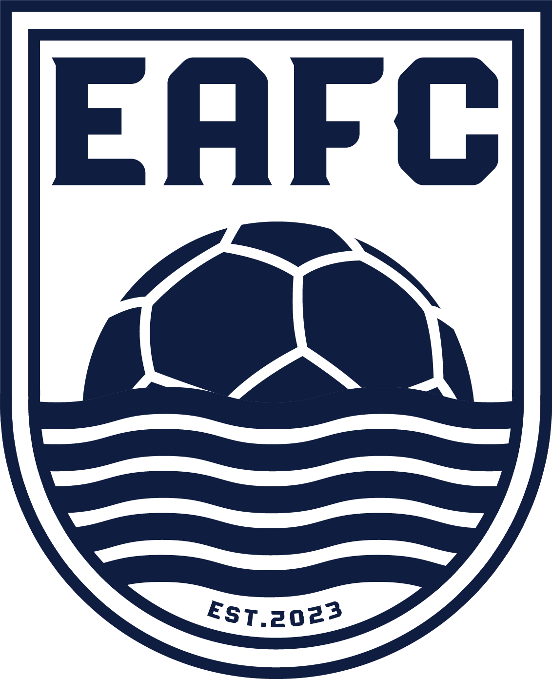 Navy blue and white shield logo for EAFC soccer club, established in 2023, featuring the club name above a soccer ball over wavy lines.