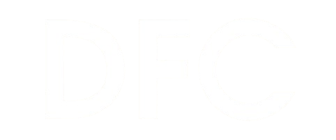 The letters "DFC" in white, bold, sans-serif font against a solid black background.
