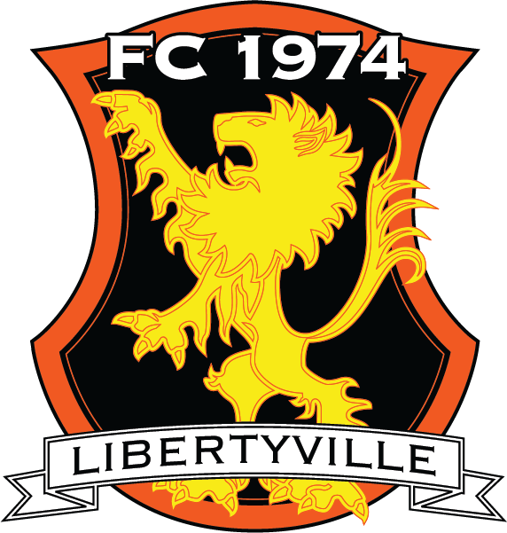 A GLSA3 - GLSA "HAT" POCKET PATCH featuring a shield-shaped logo with an orange border and black interior. A yellow rampant lion is centered below the white text "FC 1974," with a white banner at the bottom reading "LIBERTYVILLE."