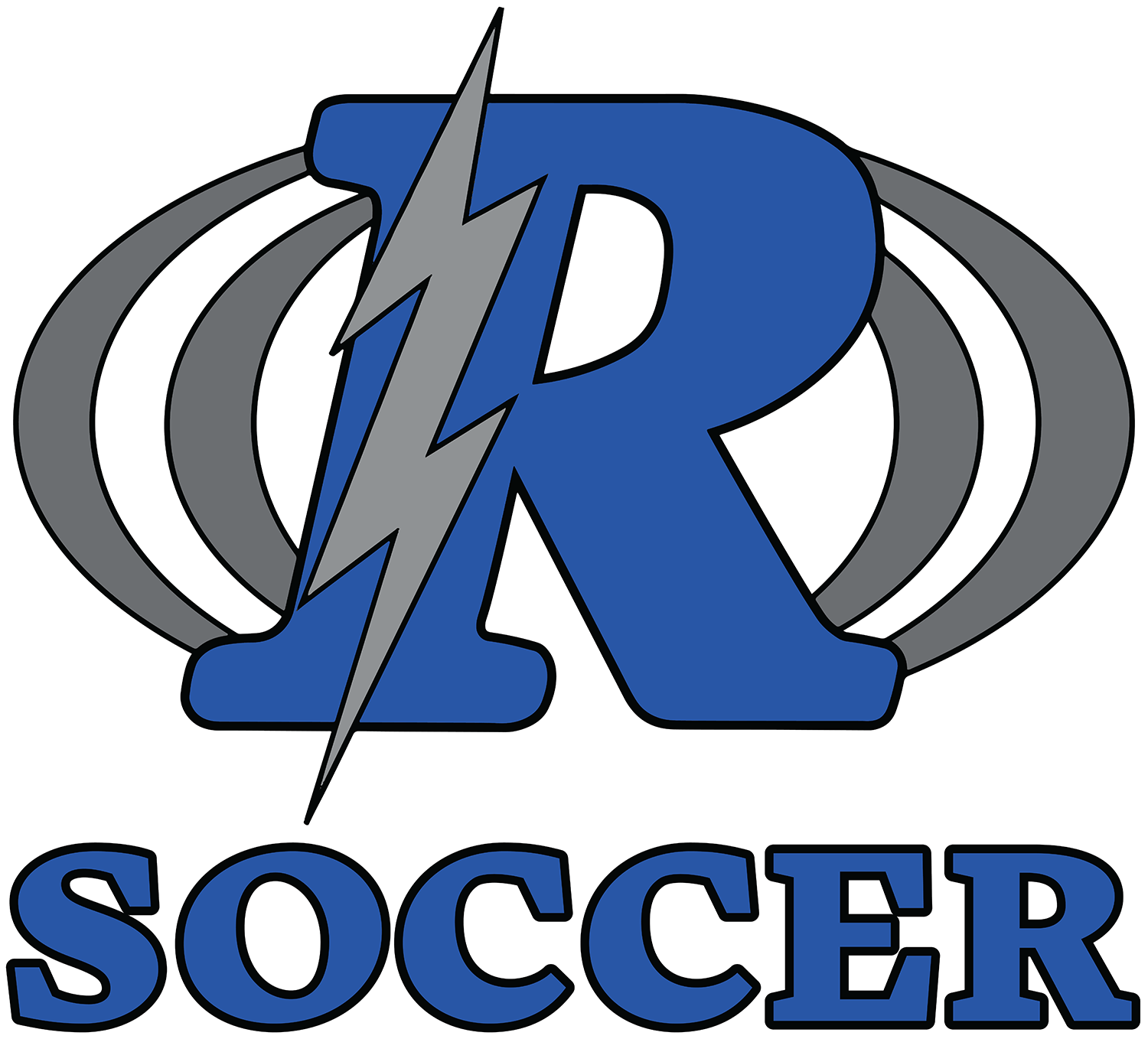 RHS Soccer logo featuring a stylized blue letter "R" with a gray lightning bolt superimposed over it, framed by gray curved lines. Below the graphic, the word "SOCCER" is written in bold blue text.
