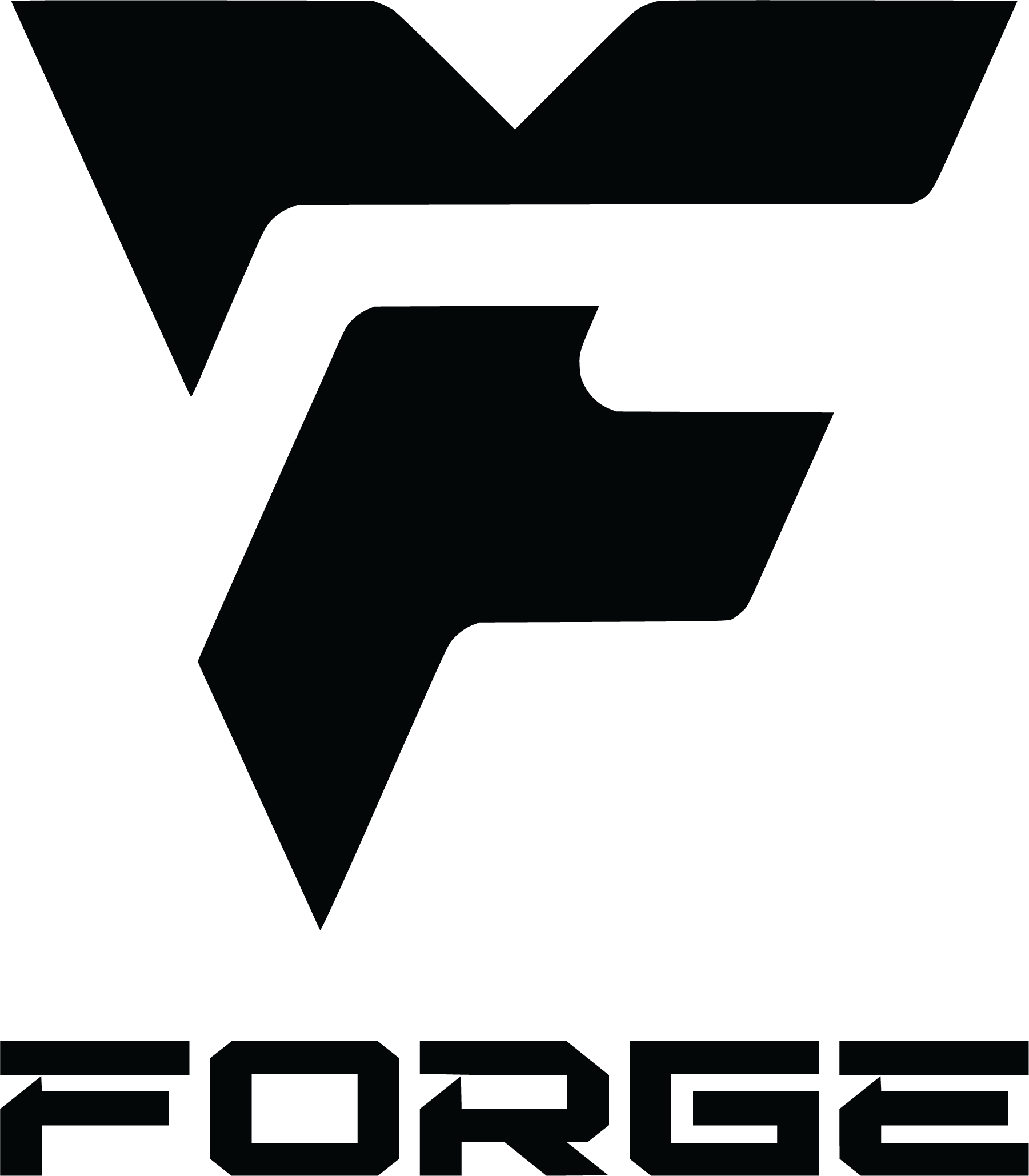 A solid black logo for FORG14 - Forge Academy "CREST & TEXT" FULL Black, featuring a large, angular, stylized crest above the word "FORGE" in a blocky, futuristic font.