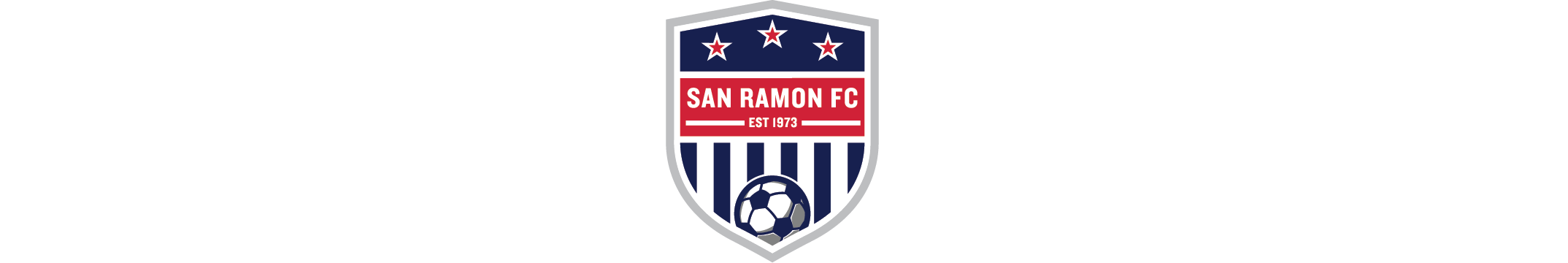 A shield-shaped logo for San Ramon FC White Character Community Text, featuring three stars, the team name, vertical blue and white stripes, and a soccer ball.