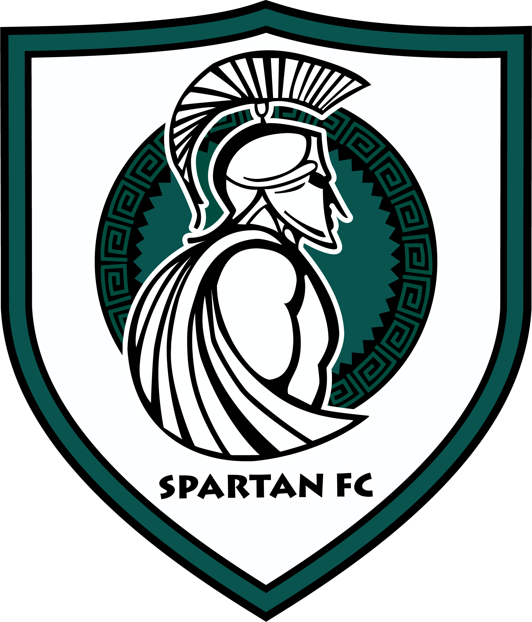 A white shield-shaped crest with a deep teal border featuring a profile of a Spartan warrior in black and white. The warrior wears a traditional plumed helmet and a cape. Behind him is a circular teal emblem with a Greek key pattern border. The text "SPARTAN FC" is written in bold black font at the bottom of the crest.