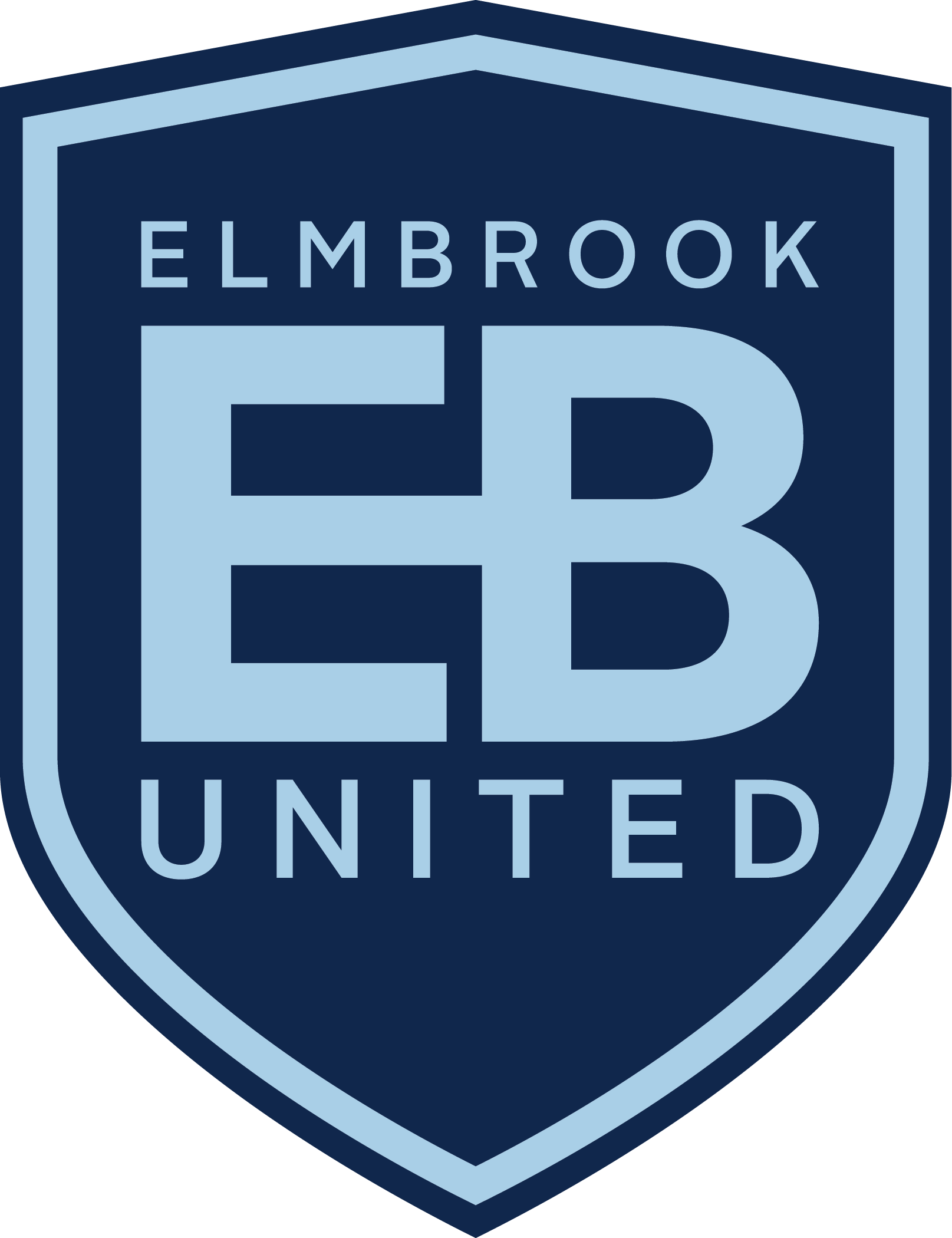 Shield-shaped logo for Elmbrook United in navy and light blue, with large EB initials in the center and the words ELMBROOK above and UNITED below.