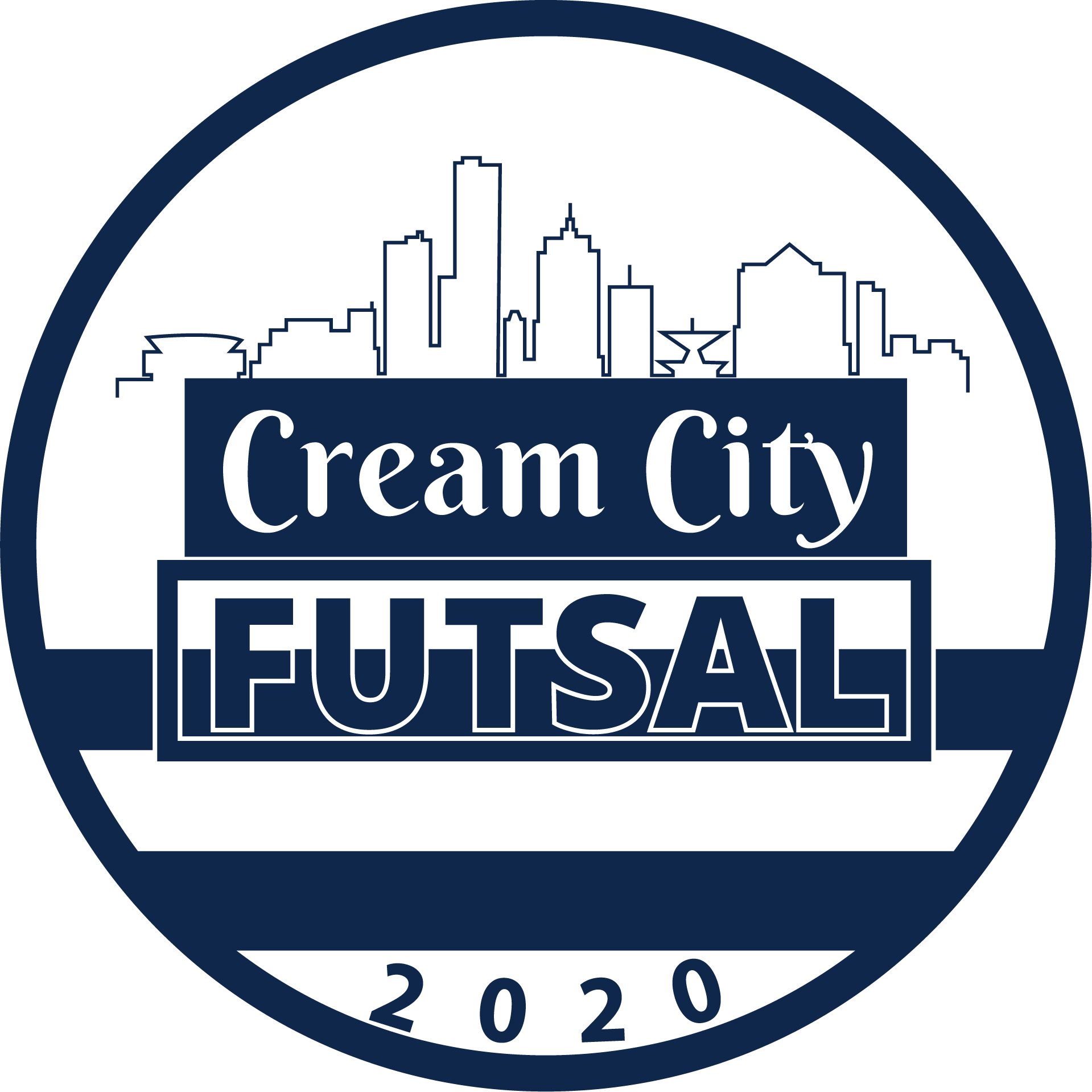 A circular navy blue and white logo for Cream City Futsal. The design features a navy city skyline at the top, followed by the words "Cream City" in white script on a navy banner. Below that, "FUTSAL" is written in large, white outlined block letters. The year "2020" is displayed in navy at the bottom of the circle.