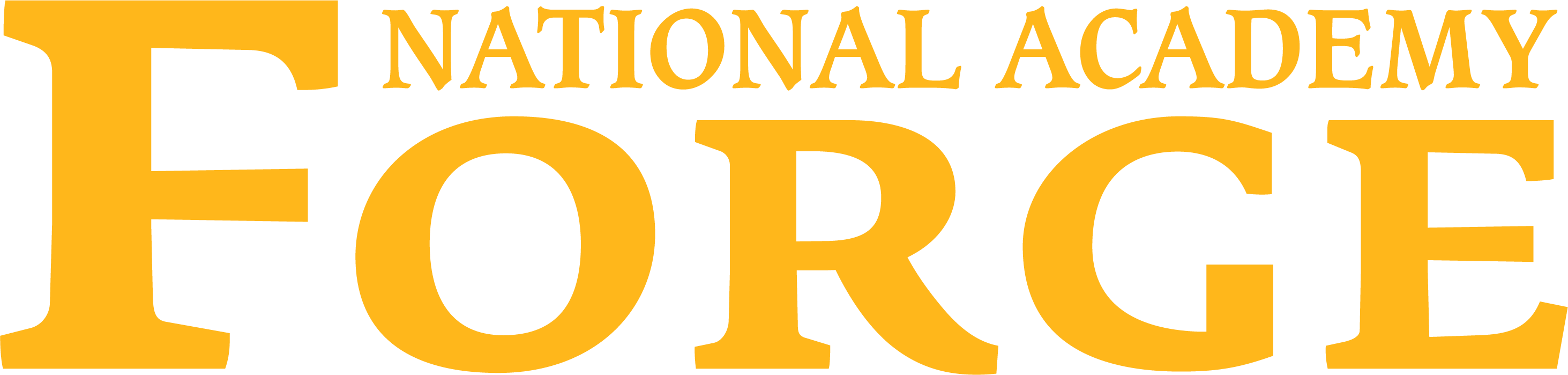 Forge Academy "TEXT" FULL Gold logo, featuring the words "NATIONAL ACADEMY" in a small gold serif font above the word "FORGE" in a large, bold, gold serif font.