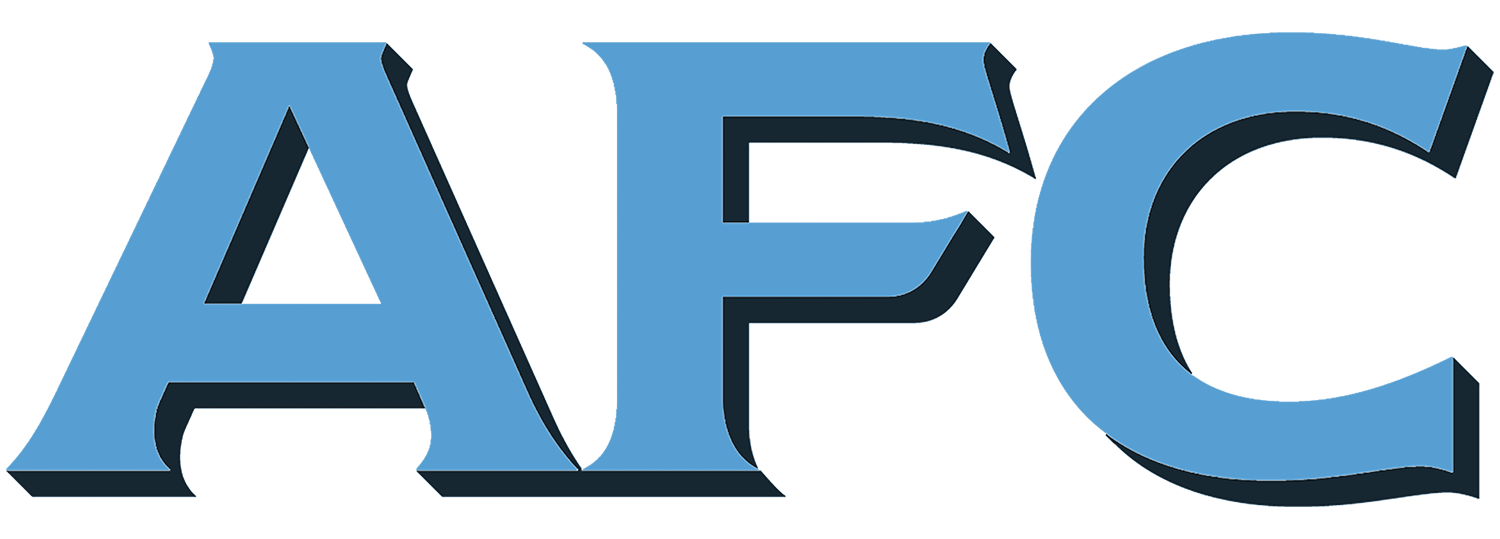 AFC Spirit Wear Text (Blue) featuring the letters "AFC" in a bold, light blue font with a dark 3D shadow.