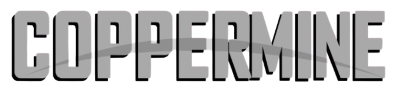 Bold, blocky metallic gray text reading "COPPERMINE" with a subtle horizontal wave across the middle and thin black drop shadows.