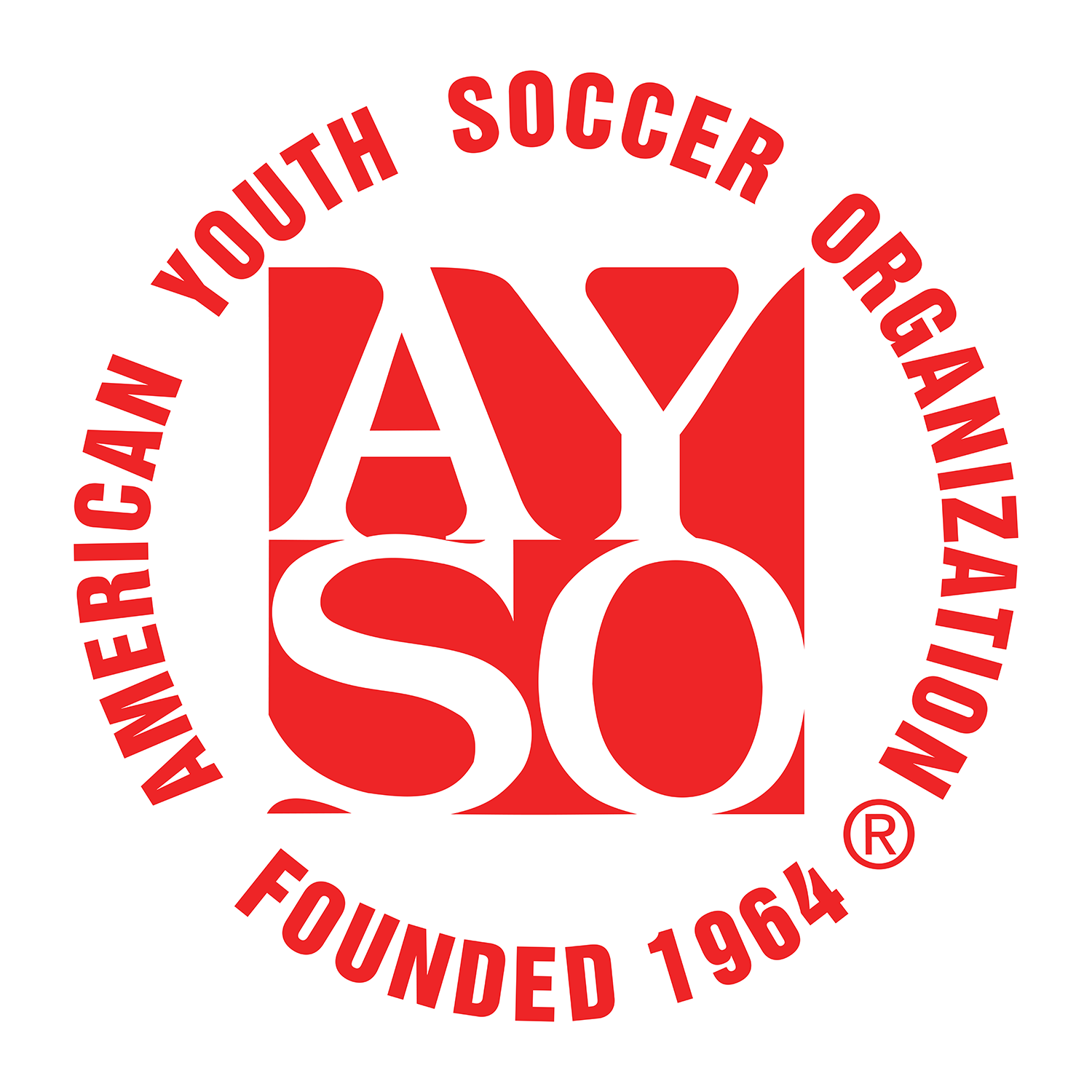 AYSO PATCH - Sleeve Patch featuring the American Youth Soccer Organization logo. A red square with white overlapping "AYSO" letters is centered within red circular text reading "AMERICAN YOUTH SOCCER ORGANIZATION" on top and "FOUNDED 1964" on the bottom.