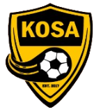 A yellow and black shield-shaped KOSA 'HAT Crest' POCKET Color logo, featuring the word "KOSA" at the top, a soccer ball with motion trails in the center, and "EST. 2017" at the bottom.