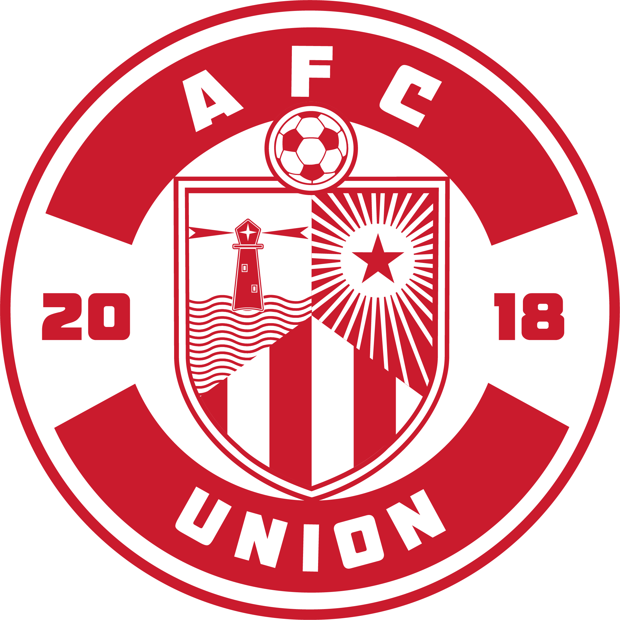 AFCU4 - AFC Union "CREST" FULL Red logo featuring a circular design with a central shield containing a lighthouse, a sunburst star, and vertical stripes. A soccer ball sits atop the shield, surrounded by the text "AFC," "UNION," and "2018."