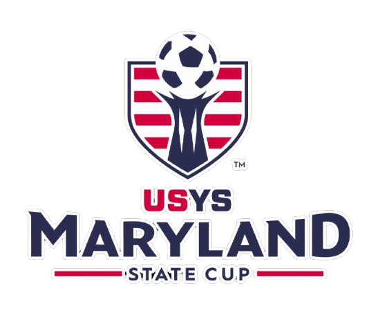 USYS Maryland State Cup logo. A trophy with a soccer ball stands in front of a red and white striped shield. The event name is written in bold text below on a black background.