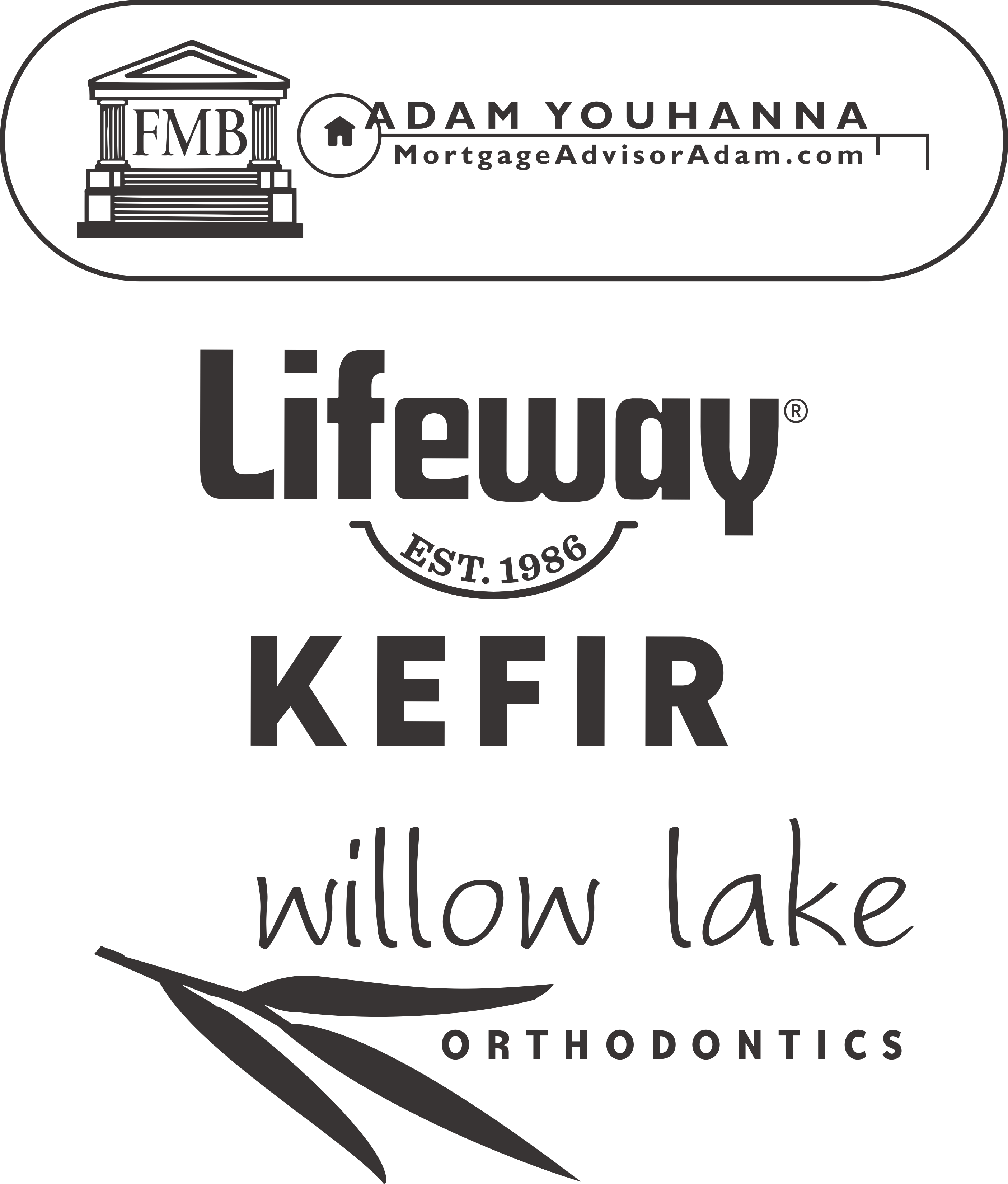 Three logos stacked vertically: ADAM YOUHANNA Mortgage Advisor, Lifeway KEFIR EST. 1986, and willow lake ORTHODONTICS with a leaf graphic.