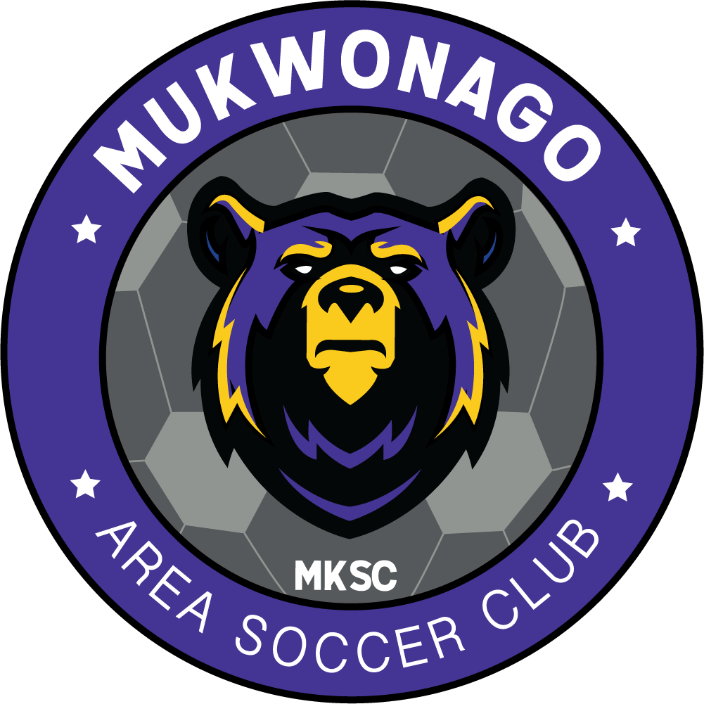 MUK4 - Mukwonago "CREST" POCKET Color: A circular logo for the Mukwonago Area Soccer Club. The crest features a purple outer ring with white text that reads "MUKWONAGO" at the top and "AREA SOCCER CLUB" at the bottom, separated by four white stars. In the center, a black, purple, and yellow bear head is positioned over a grey soccer ball pattern. The white letters "MKSC" are centered below the bear.