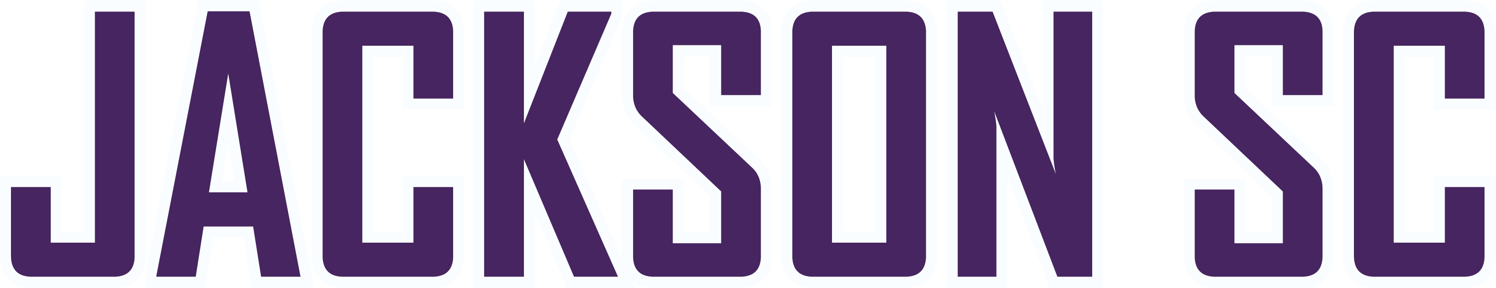 JSC4 - Jackson SC "TEXT" FULL Purple & White. This logo displays the words "JACKSON SC" in a bold, condensed purple font with a thin white outline.