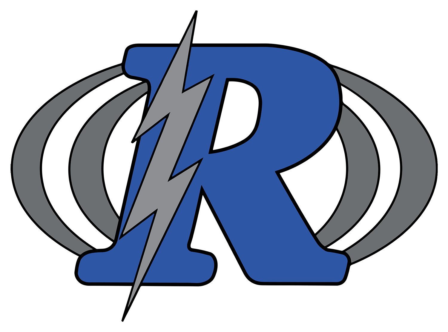 A logo for RHS SOCCER LOGO PT, featuring a stylized blue capital letter 'R' with a grey lightning bolt through it, flanked by grey curved lines resembling signal waves.