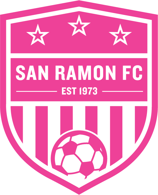 San Ramon FC Crest BCA: A pink and white shield-shaped soccer logo featuring three stars at the top, the club name and "EST 1973" in the center, and vertical stripes with a soccer ball at the bottom.