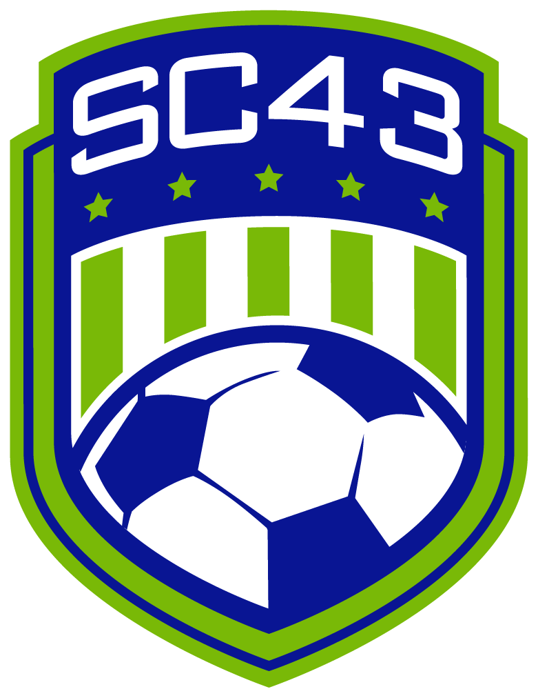SC43-2 - SC 43 "CREST" POCKET Color. A shield-shaped sports logo in blue, lime green, and white, featuring the text "SC43" at the top, five small stars, vertical stripes, and a soccer ball at the bottom.