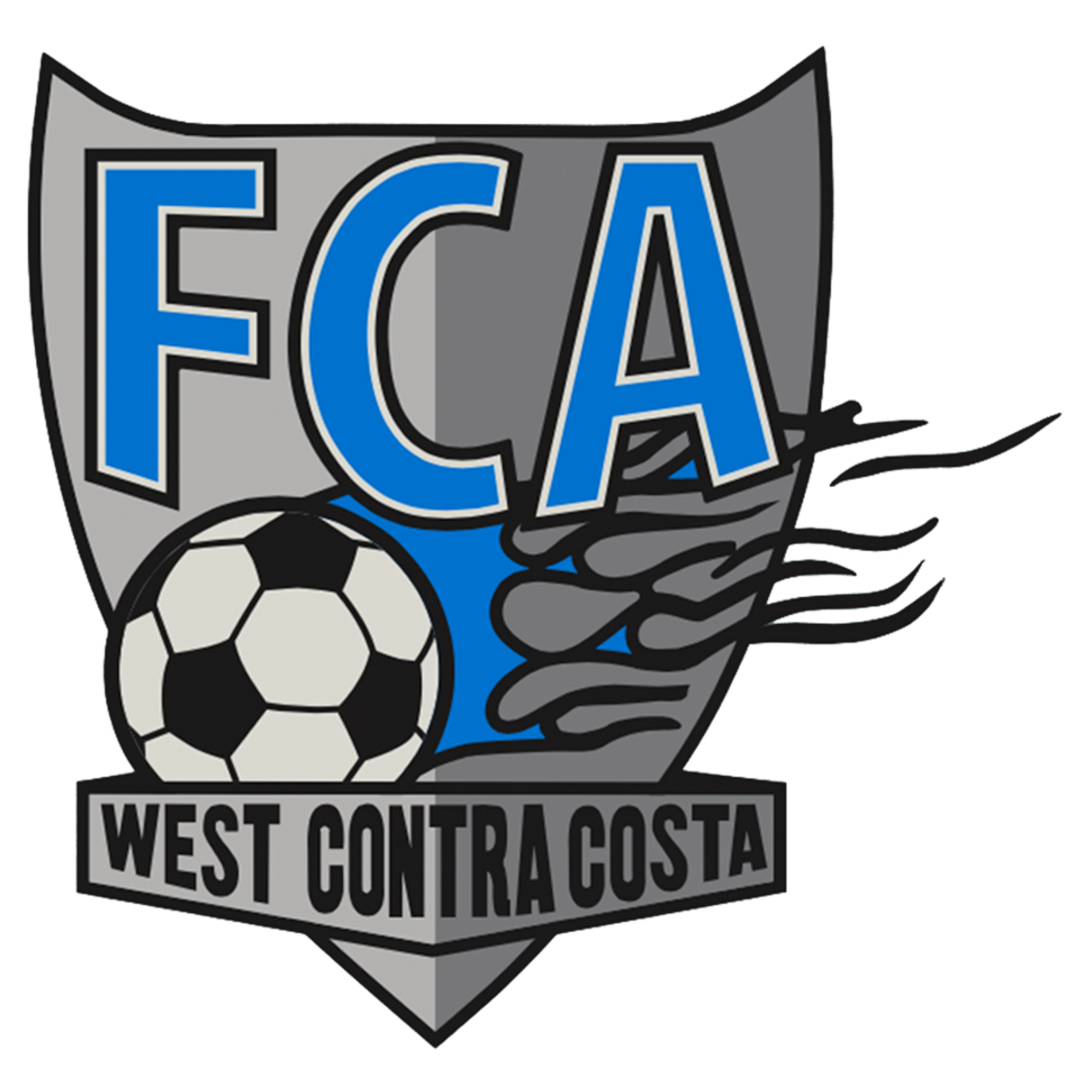 FCA Primary Logo - 3D: A grey shield-shaped crest featuring large blue letters "FCA" above a soccer ball and stylized motion lines. A grey banner at the bottom contains the text "WEST CONTRA COSTA."