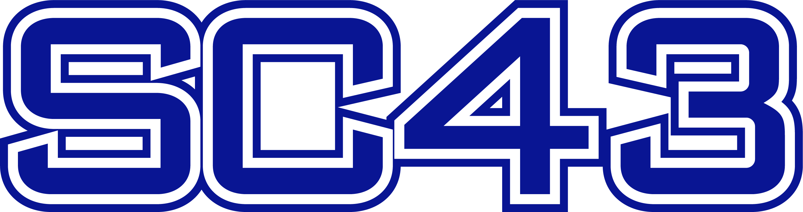 A graphic of the text "SC43" in a bold, blocky, athletic font. Each character is royal blue with a white and royal blue outline, set against a black background.