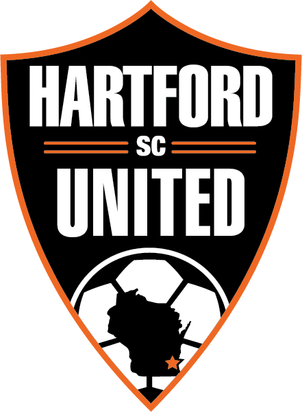 A shield-shaped patch for Hartford United SC, featuring a black background and an orange border. The words "HARTFORD" and "UNITED" are displayed in bold white capital letters, with "SC" centered between them and flanked by double orange horizontal lines. At the bottom is a white outline of a soccer ball containing a black silhouette of the state of Wisconsin with a small orange star indicating its location.