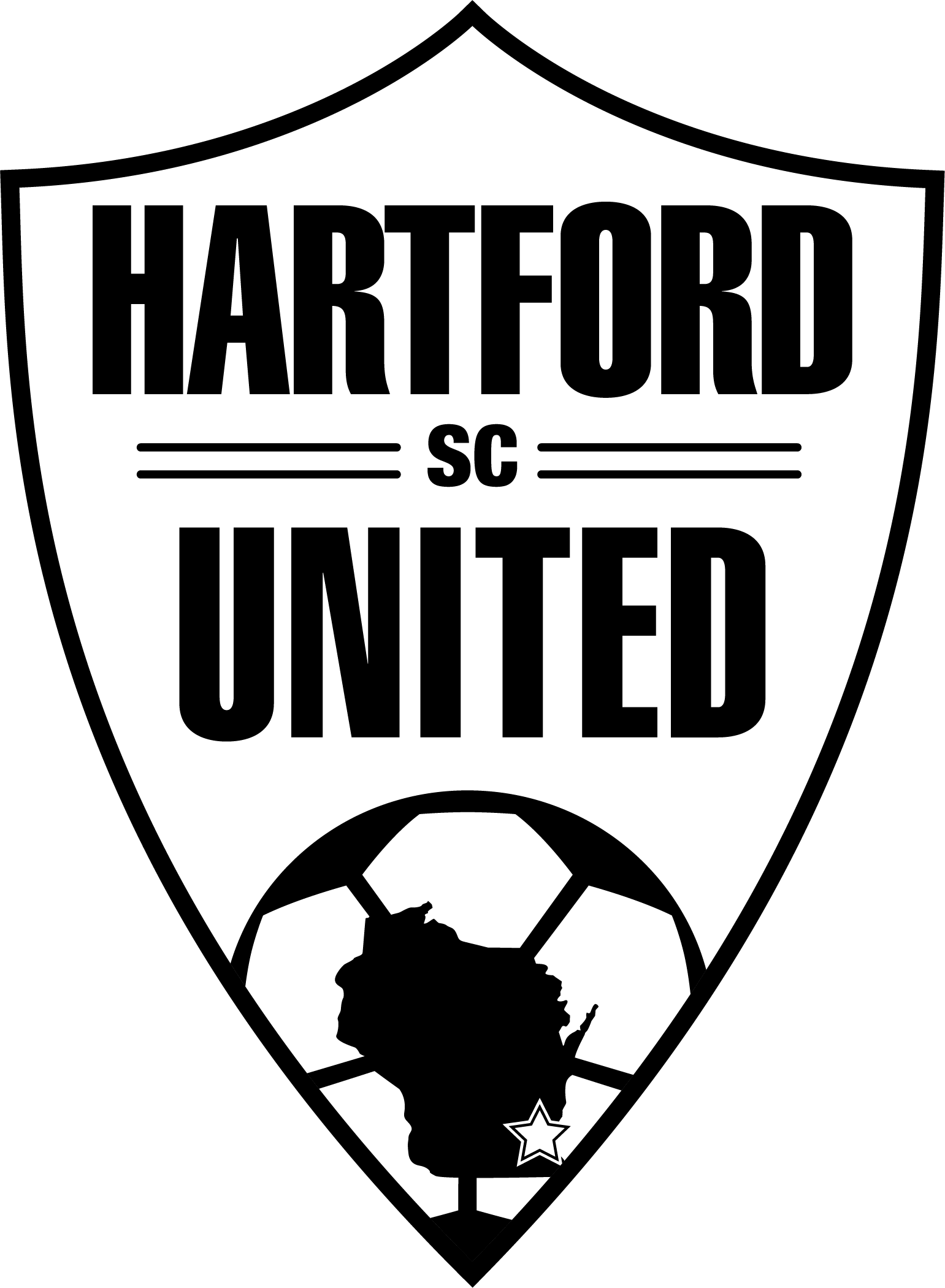 HU4 - Hartford United "CREST" FULL Black logo featuring a shield design with the bold text "HARTFORD SC UNITED" and a soccer ball graphic at the bottom containing the silhouette of Wisconsin with a small star.