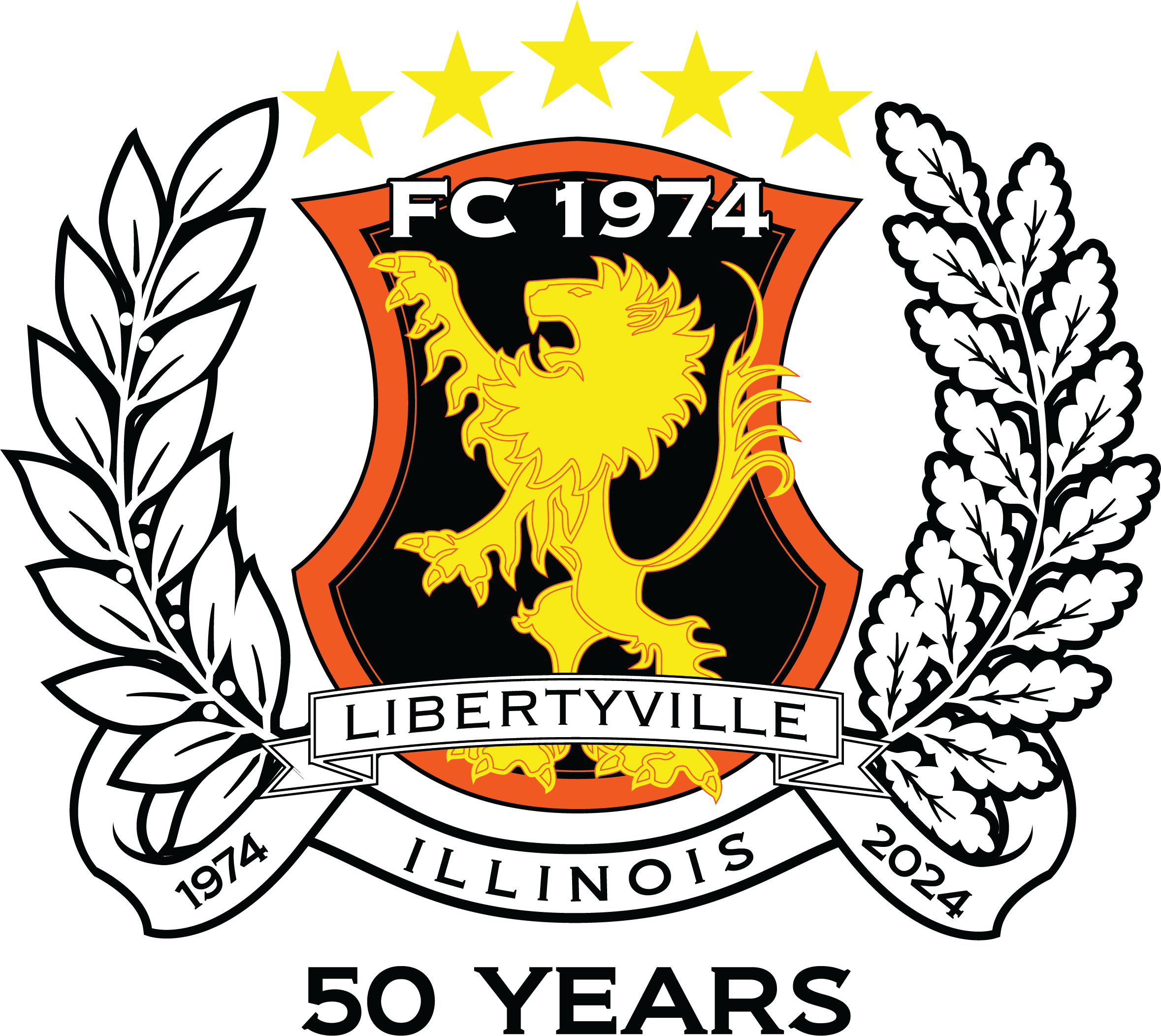 FC 1974 Libertyville 50th-anniversary logo featuring a yellow rampant lion on an orange and black shield, flanked by wreaths, with dates 1974-2024.