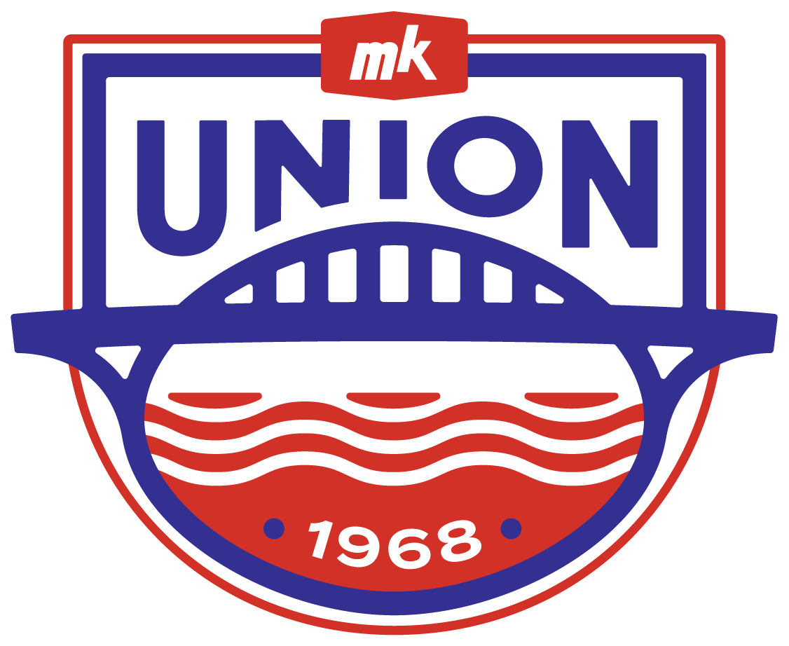 MKU OTH Logo featuring a shield design in red, white, and blue with "mk" in a top banner, "UNION" in large blue letters, a bridge silhouette, and "1968" at the bottom below wavy red lines.